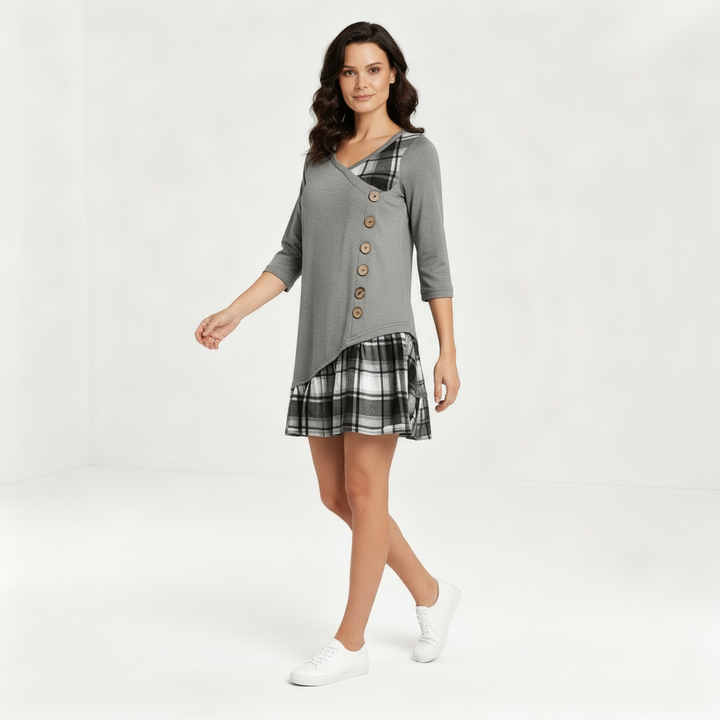 Plaid V-Neck Long Sleeve Dress