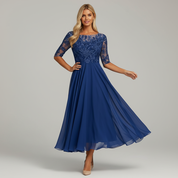 Lace Bodice Chiffon Midi Dress