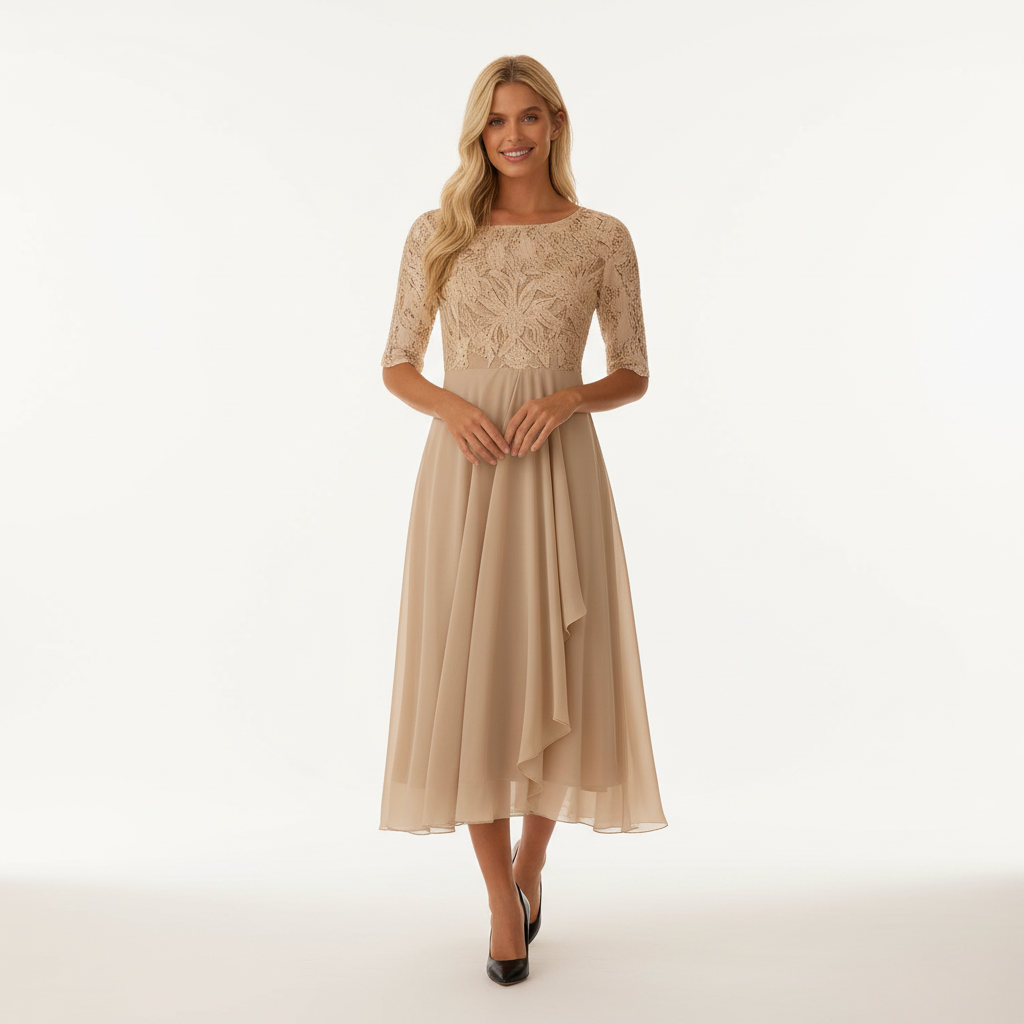 Lace Bodice Chiffon Midi Dress
