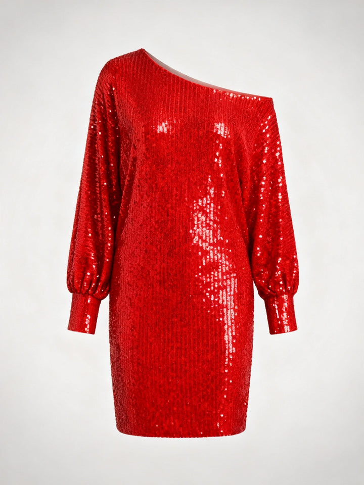 Off-Shoulder Sequin Mini Dress With Long Sleeves