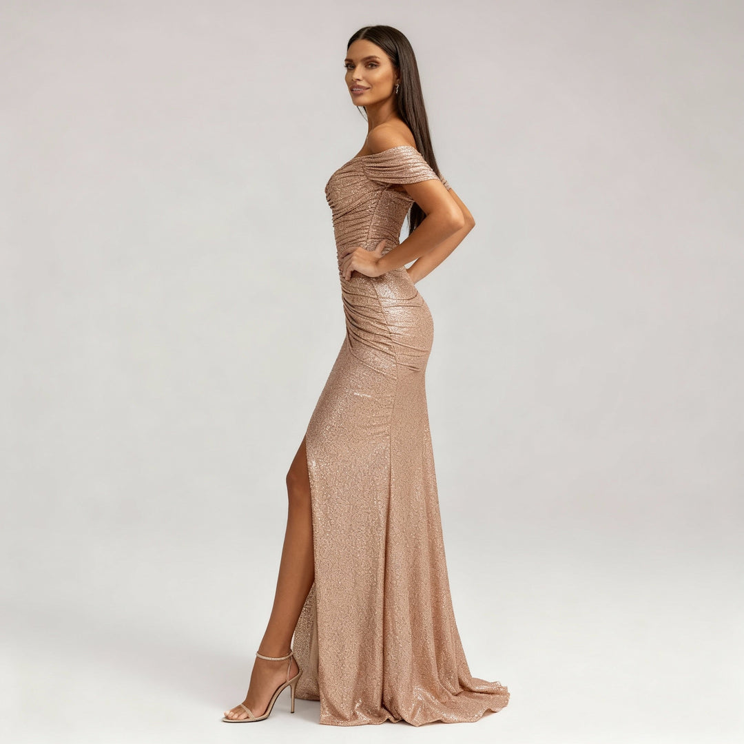 Off-Shoulder Sequin Maxi Dress with Slit