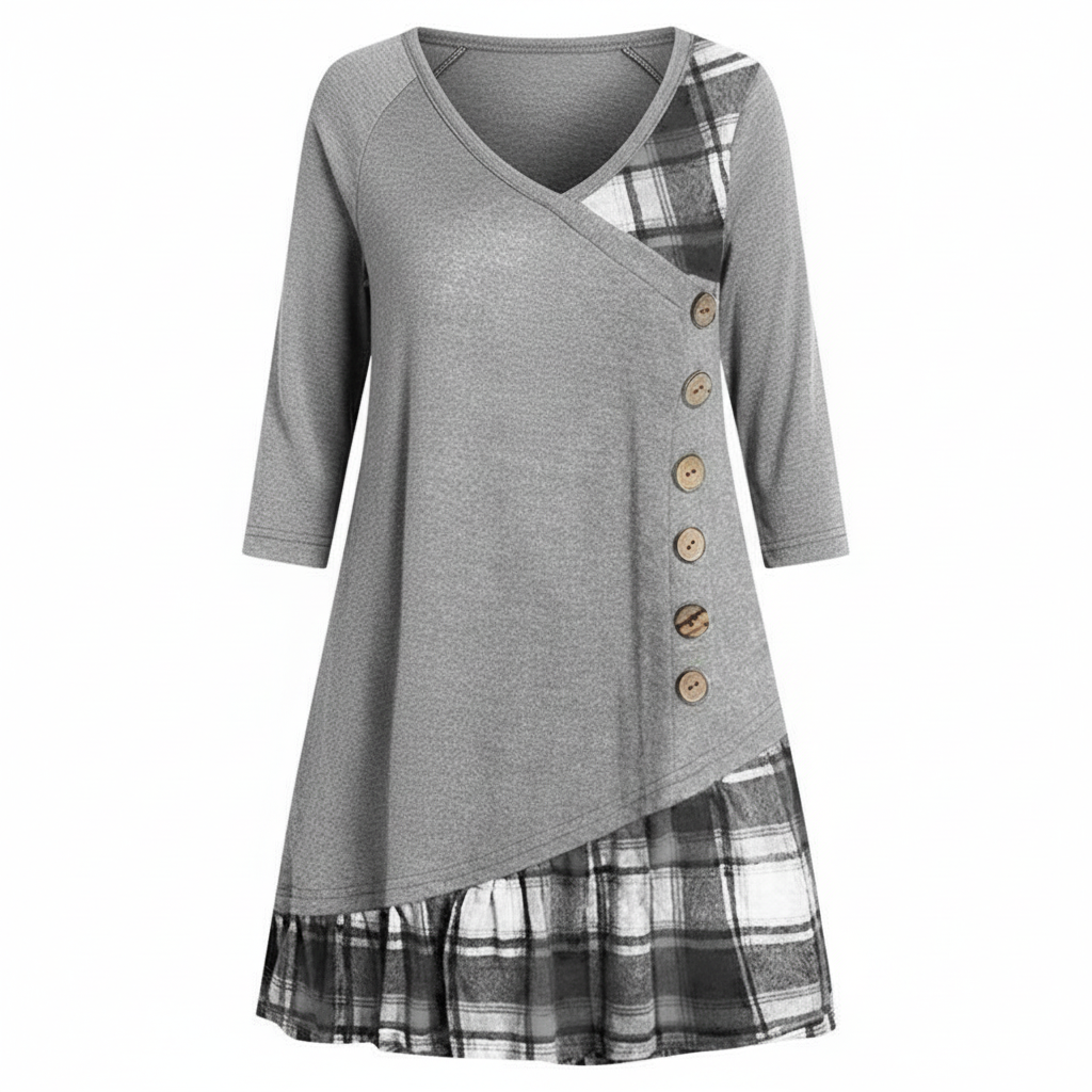 Plaid V-Neck Long Sleeve Dress