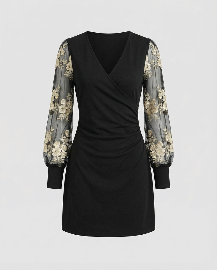 Black Lace Sleeve Wrap Dress