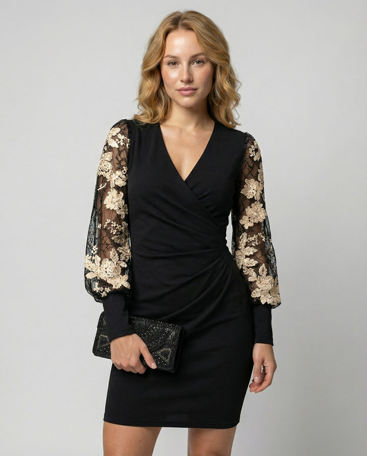 Black Lace Sleeve Wrap Dress
