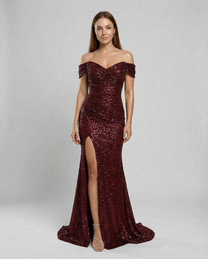 Off-Shoulder Sequin Maxi Dress With Slit