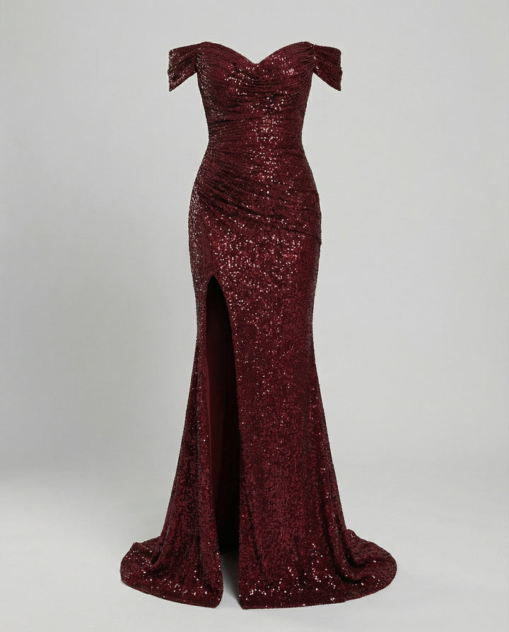 Off-Shoulder Sequin Maxi Dress With Slit
