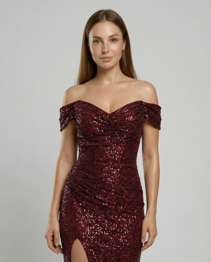 Off-Shoulder Sequin Maxi Dress With Slit