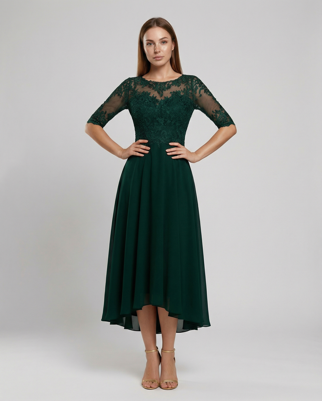 Maxi Lace Bodice Dress with Illusion Neckline