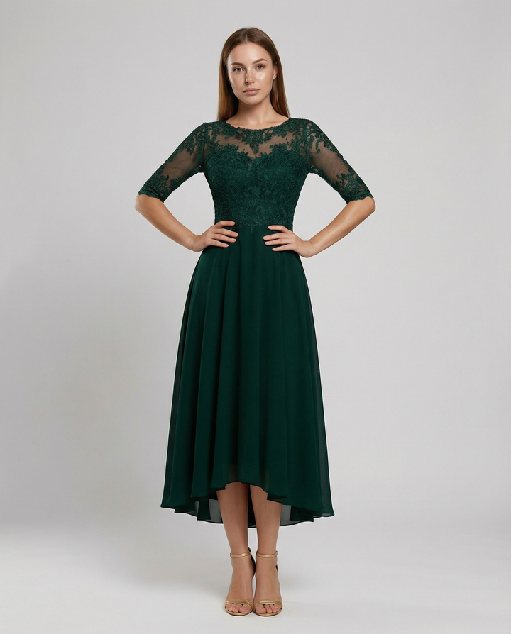 Maxi Lace Bodice Dress with Illusion Neckline