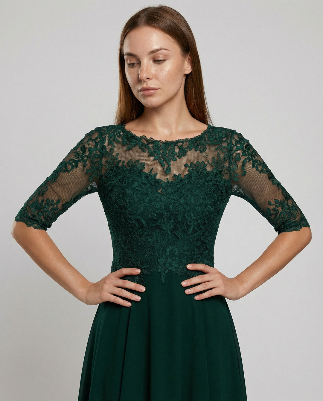 Maxi Lace Bodice Dress with Illusion Neckline