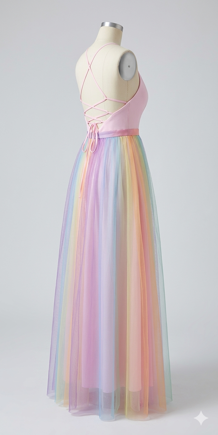 Rainbow Maxi Dress with Spaghetti Straps and V-Neck
