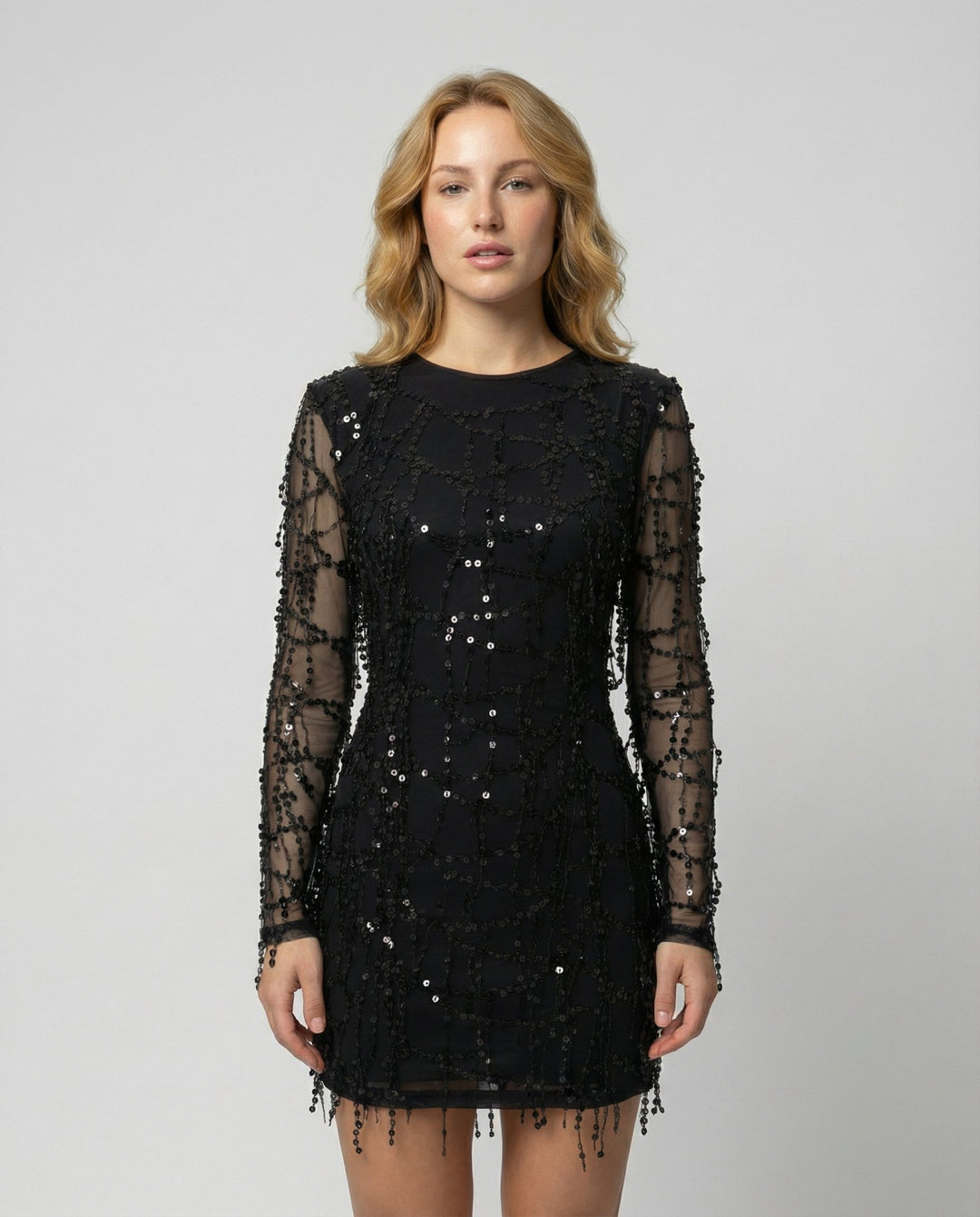 Sheer Long Sleeve Sequin Mini Dress