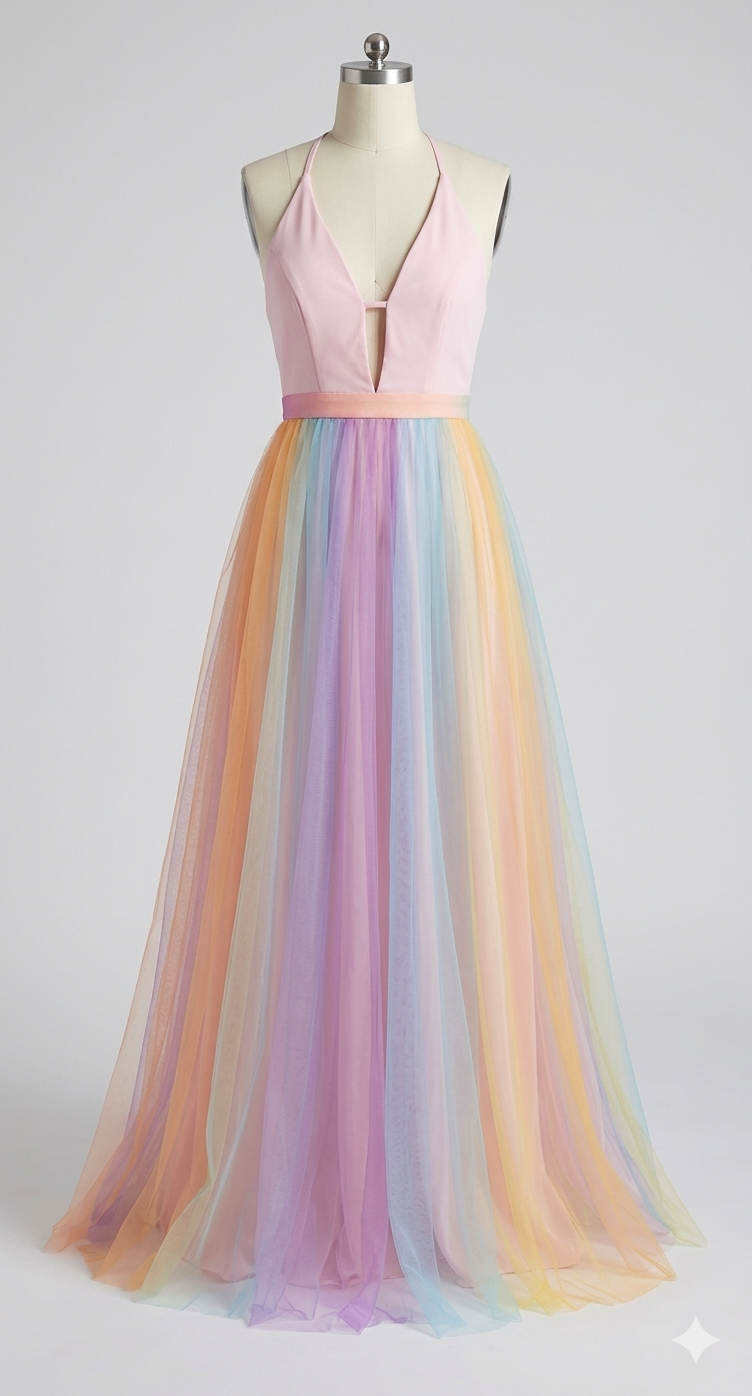 Rainbow Maxi Dress with Spaghetti Straps and V-Neck