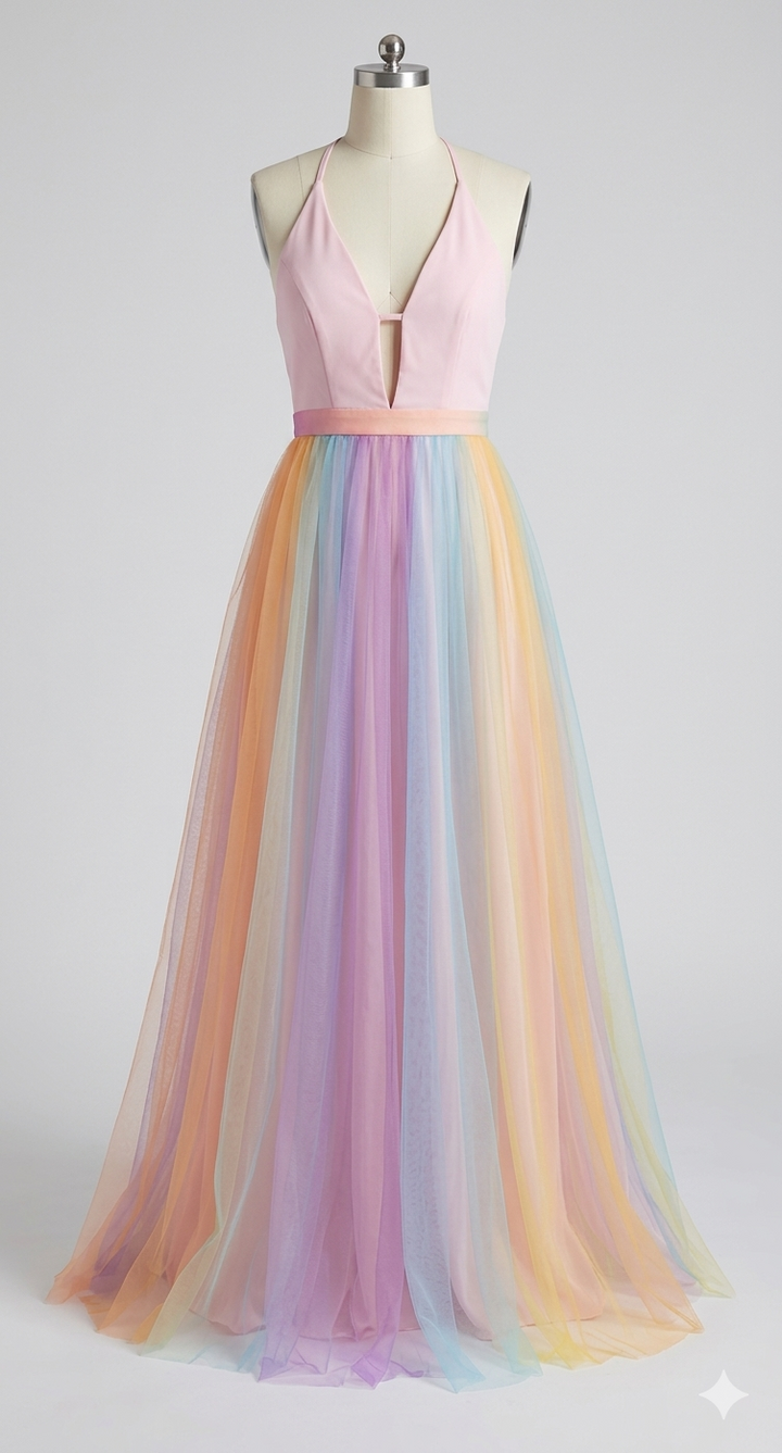 Rainbow Maxi Dress with Spaghetti Straps and V-Neck
