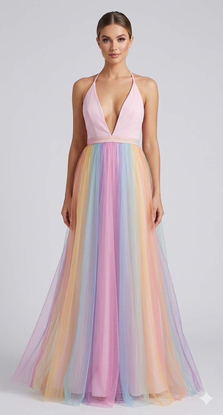 Rainbow Maxi Dress with Spaghetti Straps and V-Neck