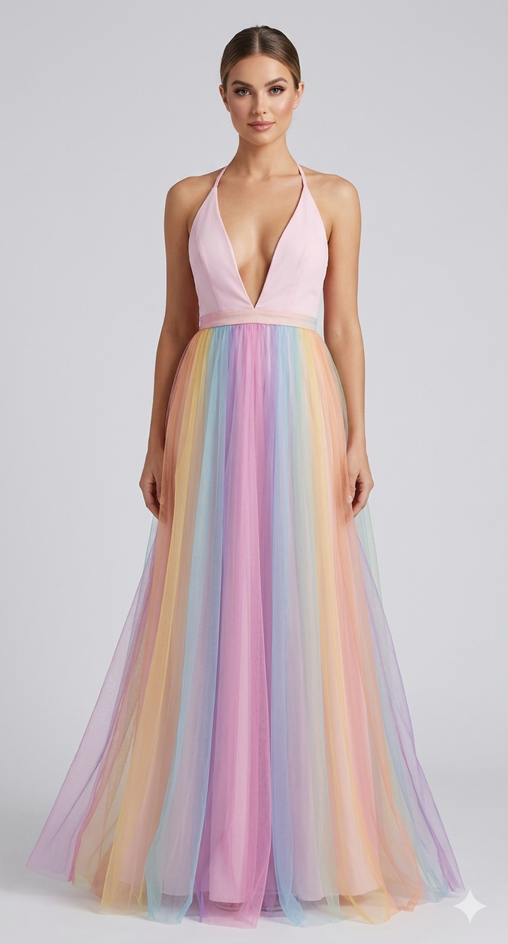 Rainbow Maxi Dress with Spaghetti Straps and V-Neck