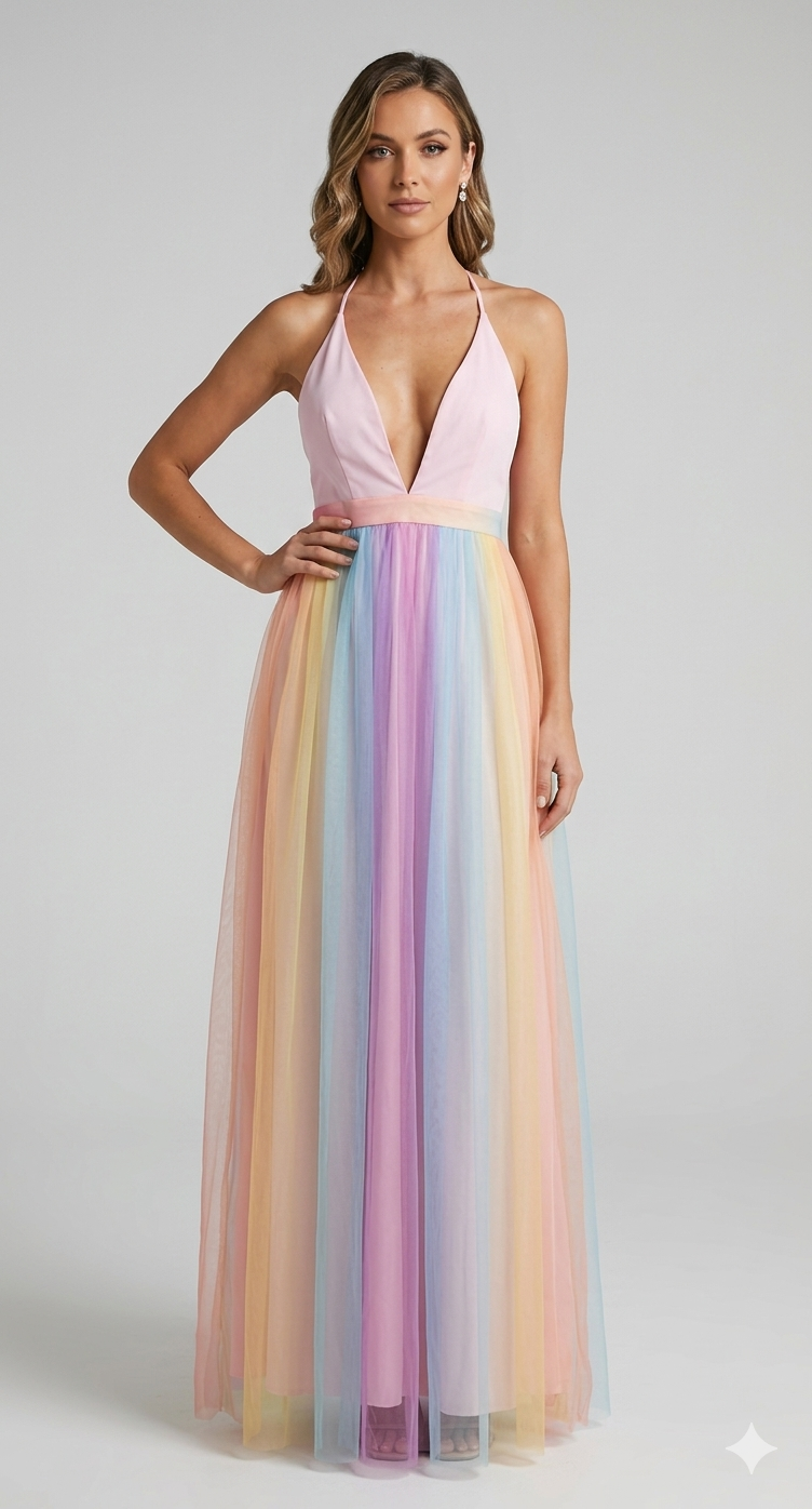 Rainbow Maxi Dress with Spaghetti Straps and V-Neck
