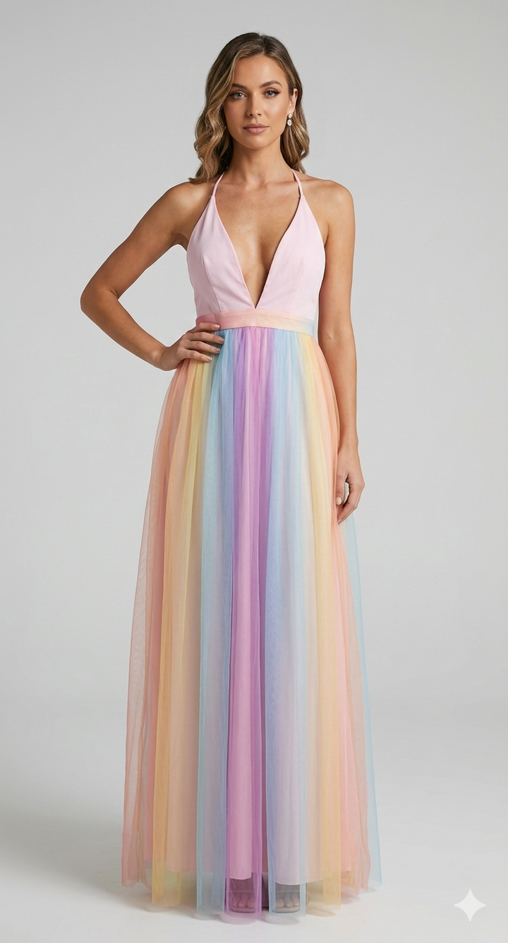 Rainbow Maxi Dress with Spaghetti Straps and V-Neck