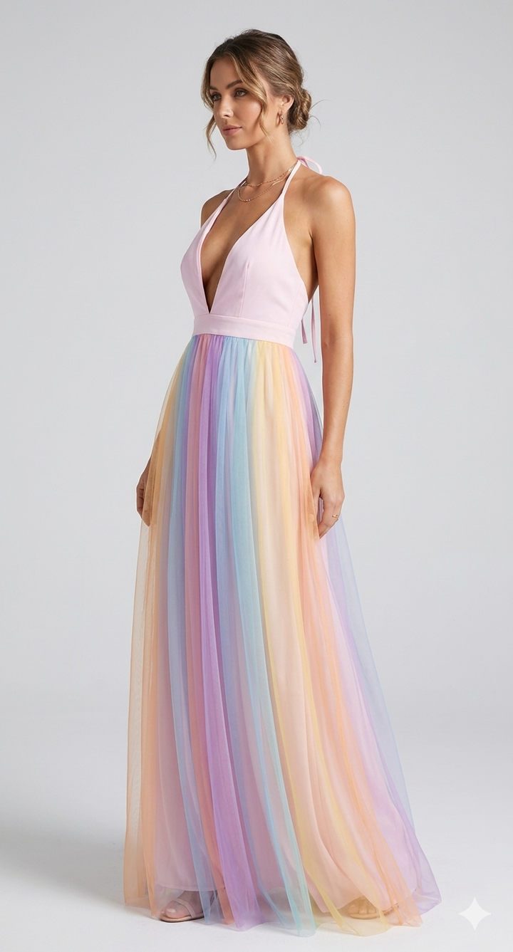 Rainbow Maxi Dress with Spaghetti Straps and V-Neck