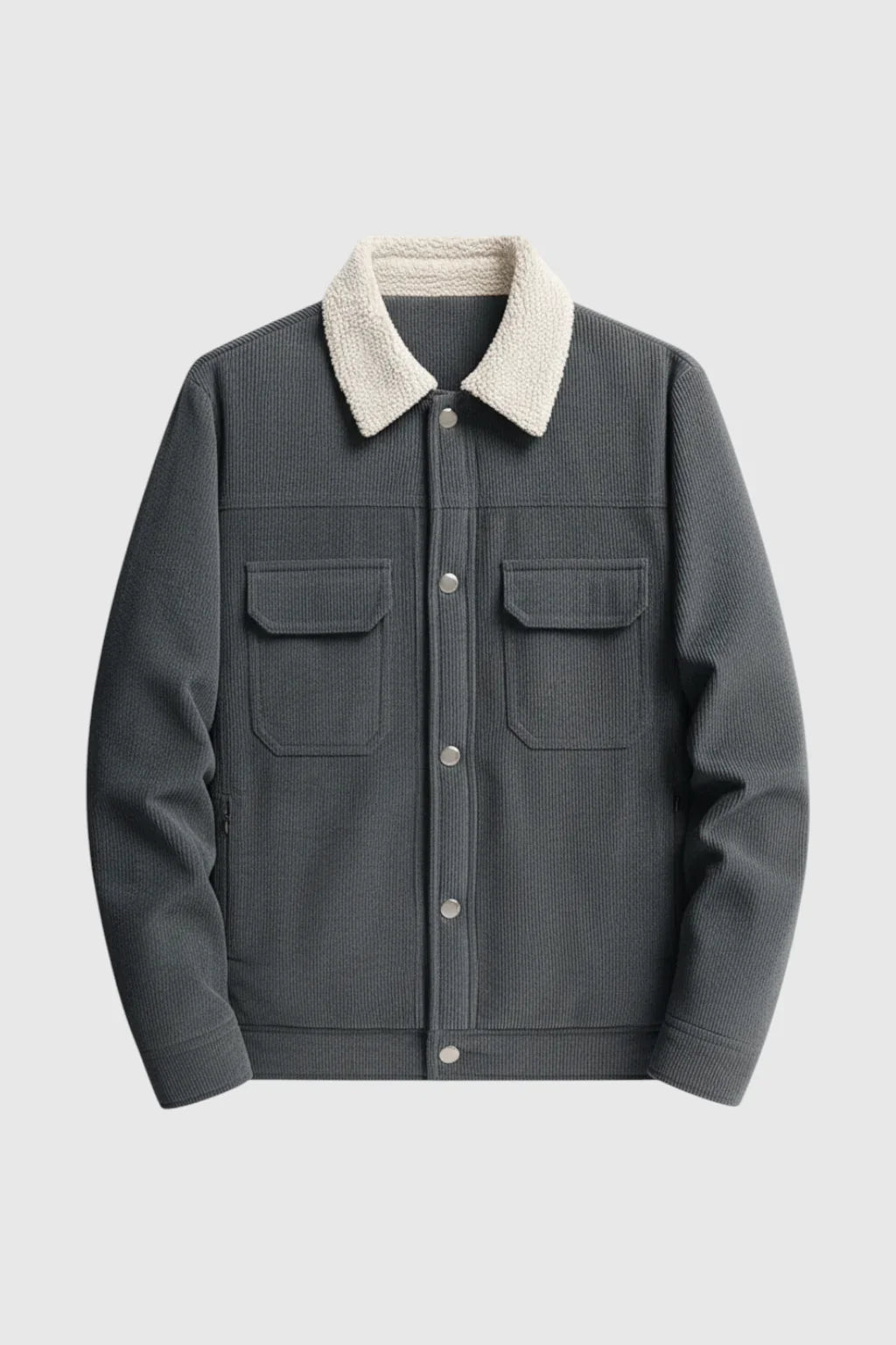 Chaqueta de terciopelo gris oscuro para hombre | Cuello de borreguito y botones a presión