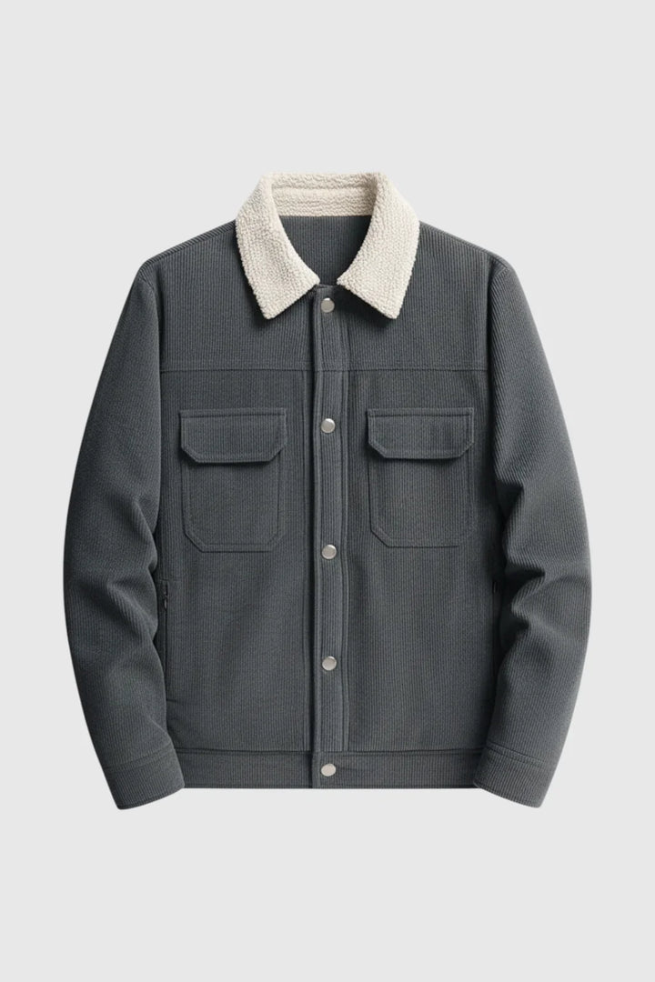 Chaqueta de terciopelo gris oscuro para hombre | Cuello de borreguito y botones a presión
