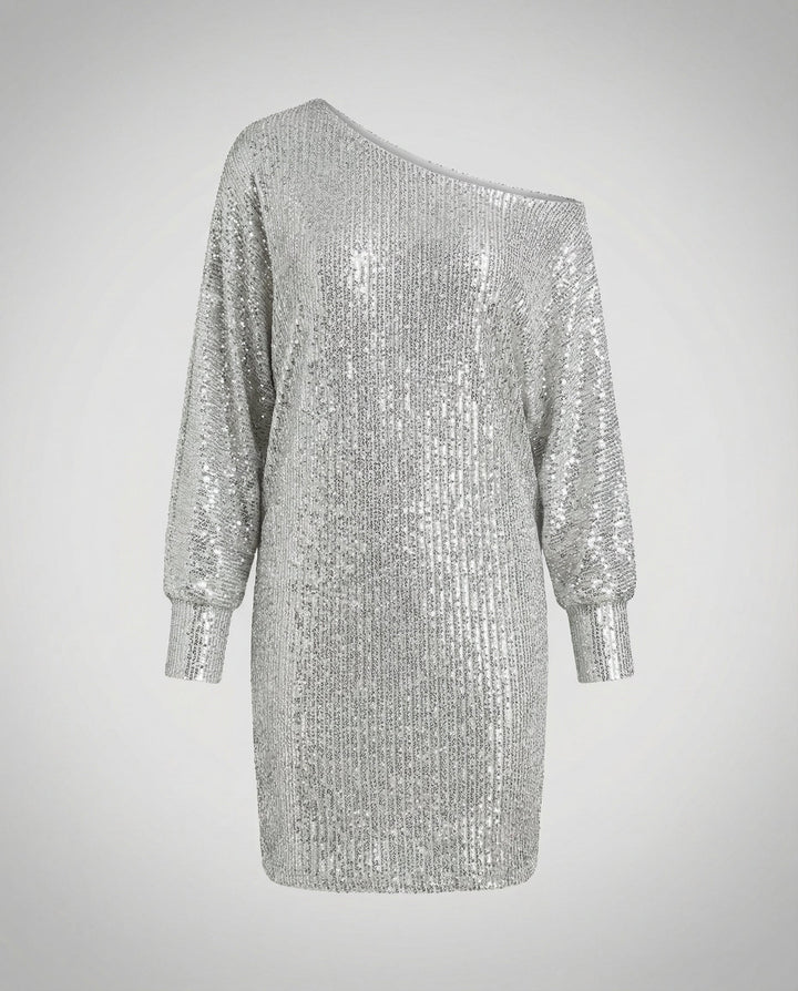 Off-Shoulder Sequin Mini Dress With Long Sleeves