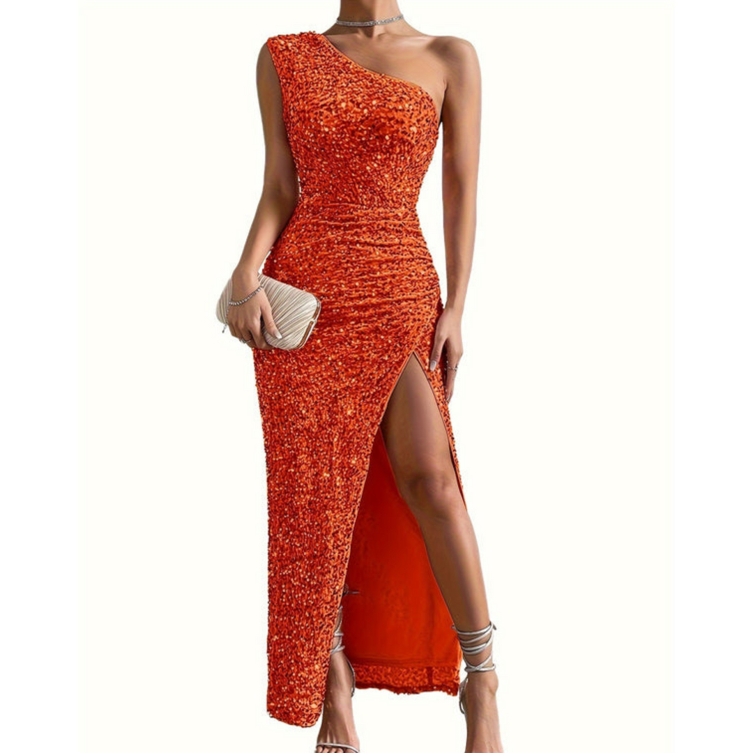 One-Shoulder Sequin Maxi Dress with Slit