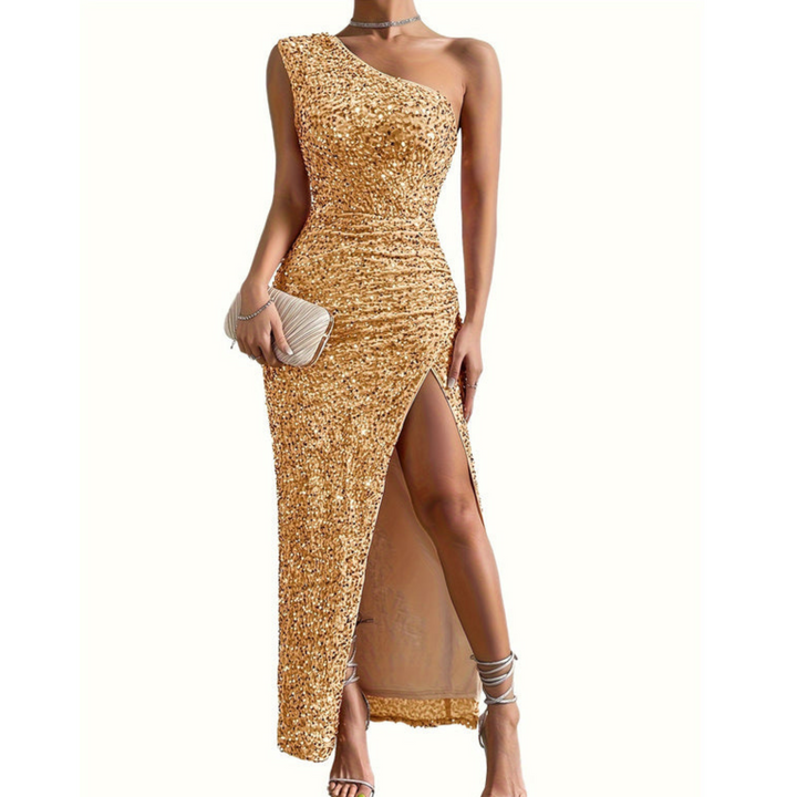 One-Shoulder Sequin Maxi Dress with Slit