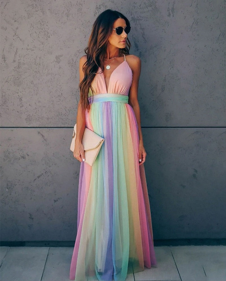 Rainbow Maxi Dress with Spaghetti Straps and V-Neck