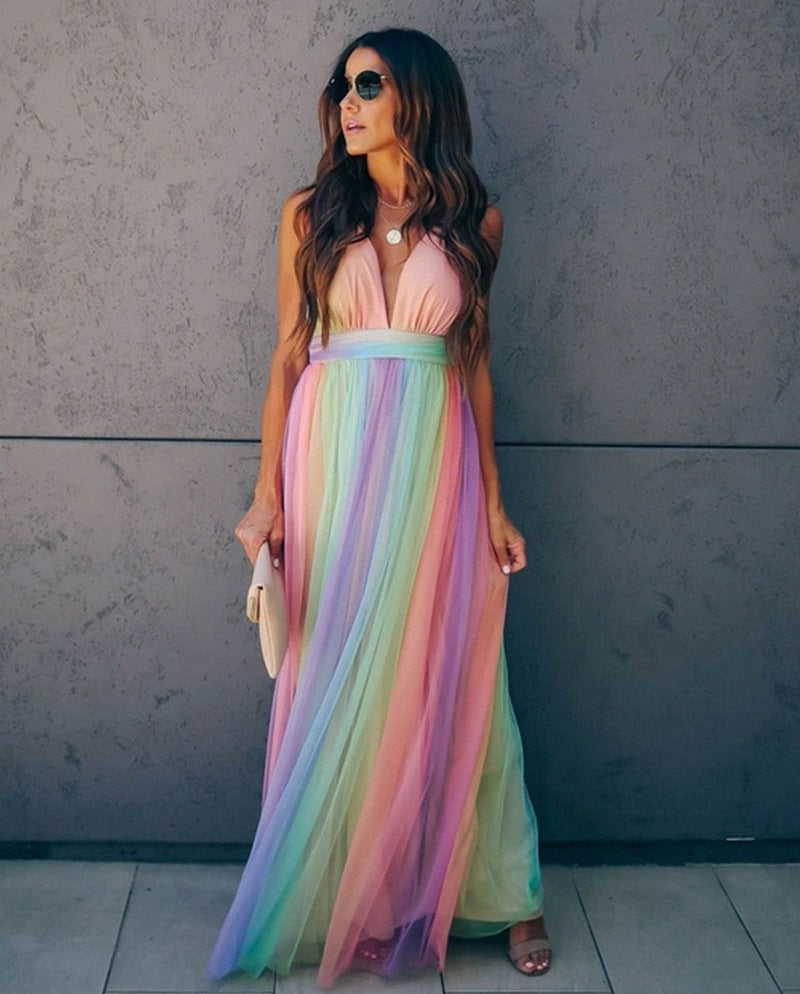 Rainbow Maxi Dress with Spaghetti Straps and V-Neck