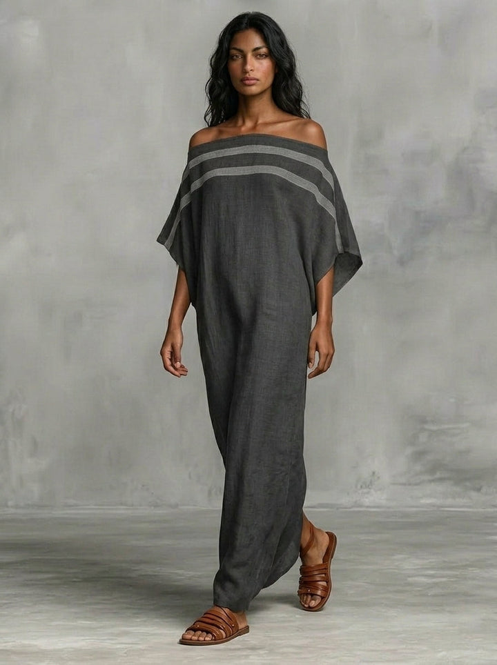 Vestido largo minimalista de lino para mujer con escote a hombros descubiertos y mangas de murciélago