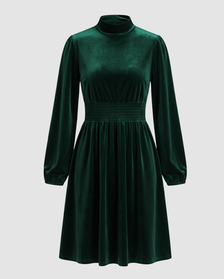 Velvet Long Sleeve Dress with Smocked Waist