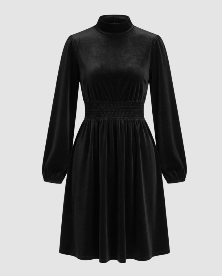 Velvet Long Sleeve Dress with Smocked Waist