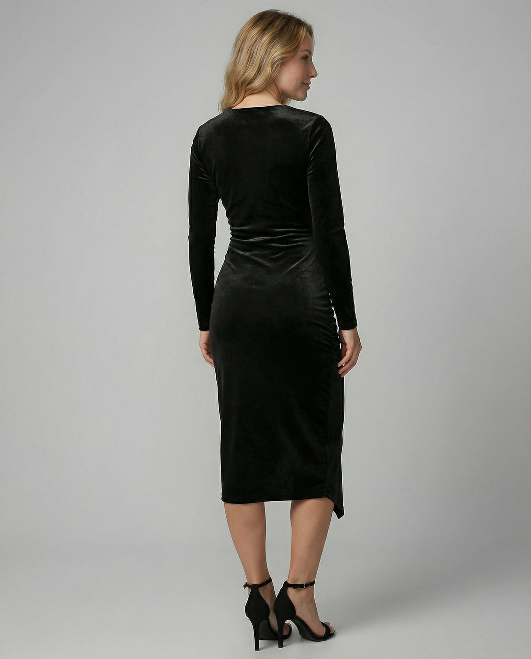 Velvet-Look V-Neck Midi Dress With Long Sleeves