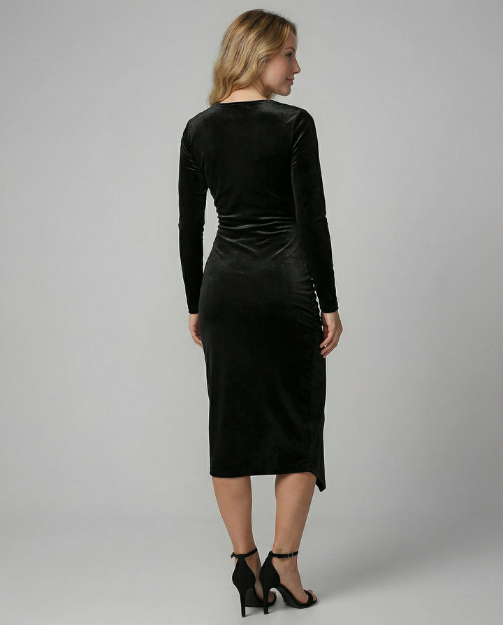 Velvet-Look V-Neck Midi Dress With Long Sleeves
