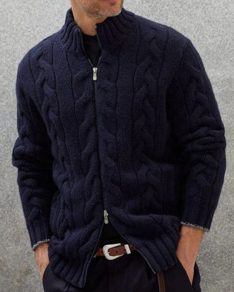 Camisola masculina de malha com fecho e entrançado | Gola canelada e estilo intemporal