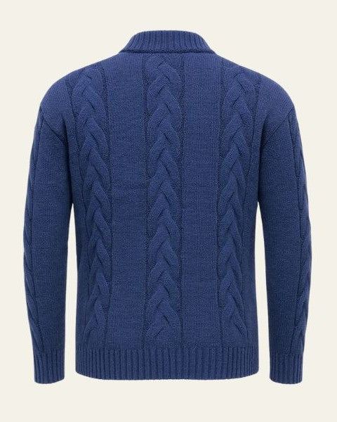 Camisola masculina de malha com fecho e entrançado | Gola canelada e estilo intemporal