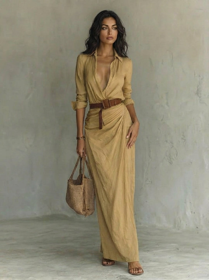 Vestido largo maxi con cuello de solapa y mangas largas para mujer