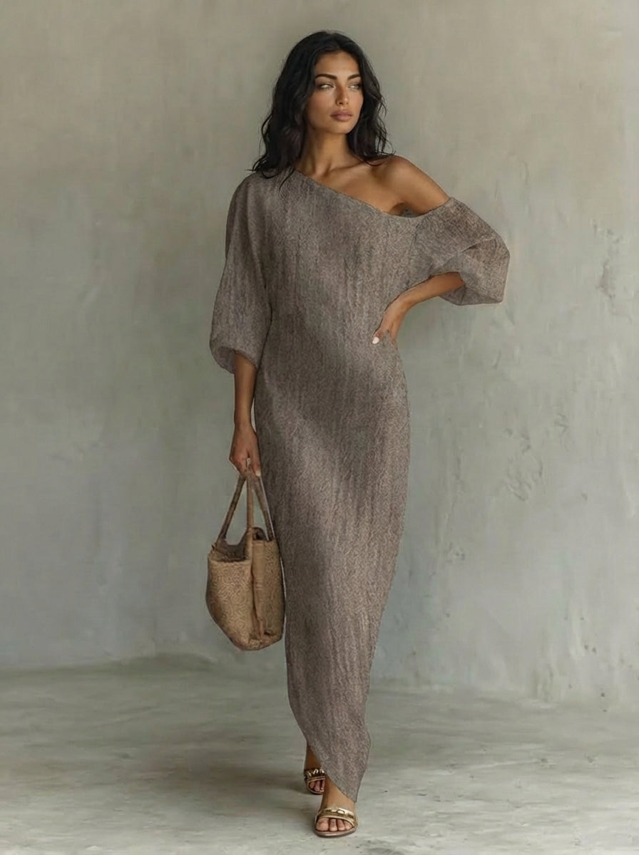 Elegante abito svolazzante in cotone-lino bianco avorio con spalle scoperte