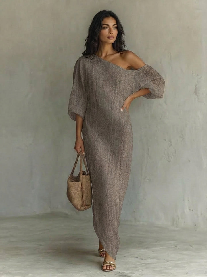 Elegante abito svolazzante in cotone-lino bianco avorio con spalle scoperte