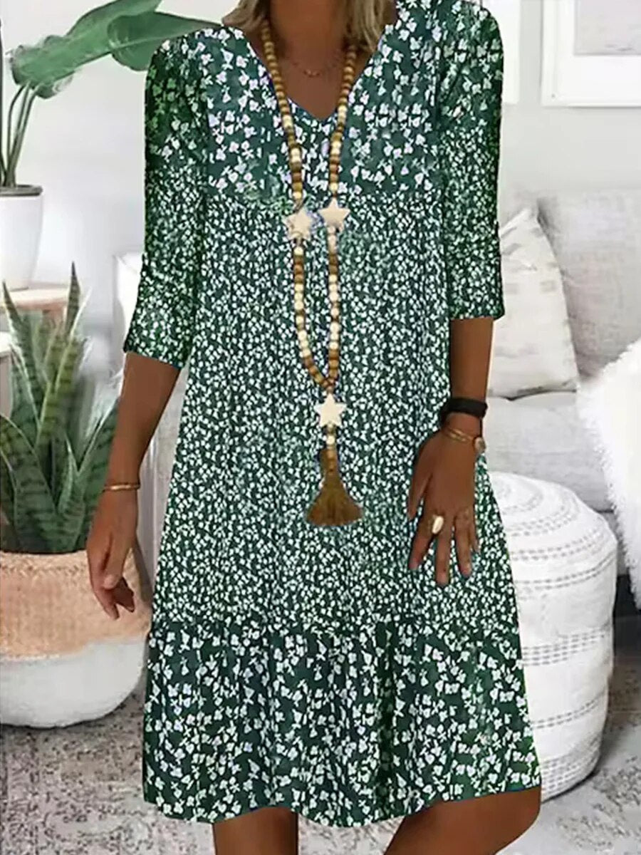 Floral V-Neck Midi Dress With Lace Bodice