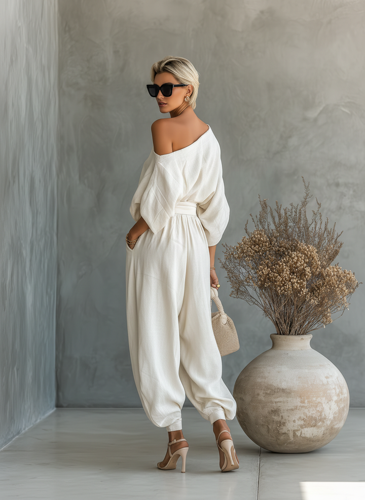 Ensemble pour femme en lin blanc cassé, composé d&
