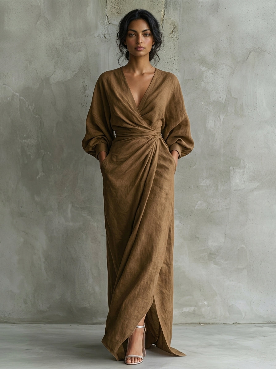 Vestido largo minimalista rosa con cuello en V, de mezcla de lino, para mujer