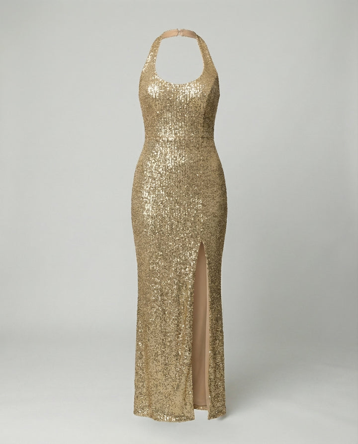 Sequin Halter Maxi Dress with High Slit