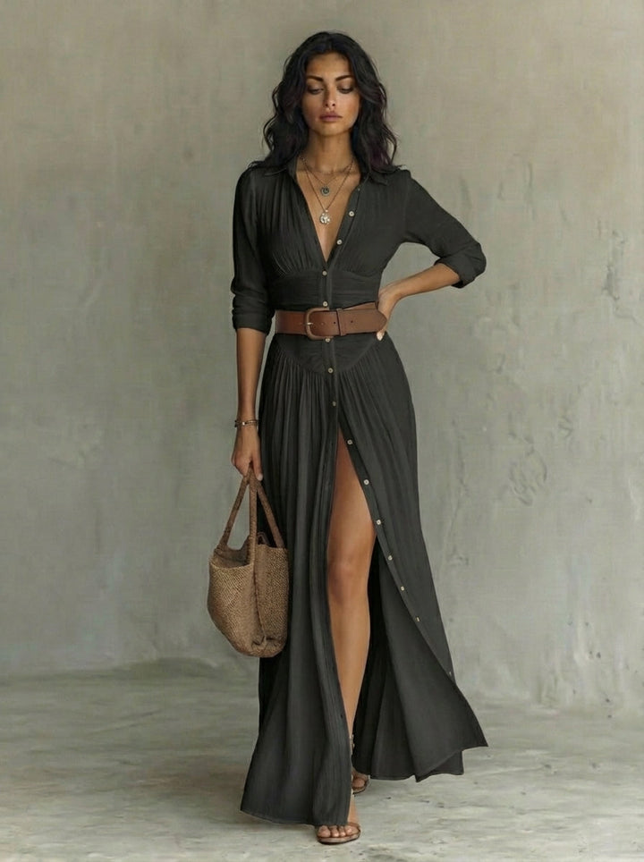 Vestido largo maxi con cuello de solapa y mangas largas de lino para mujer