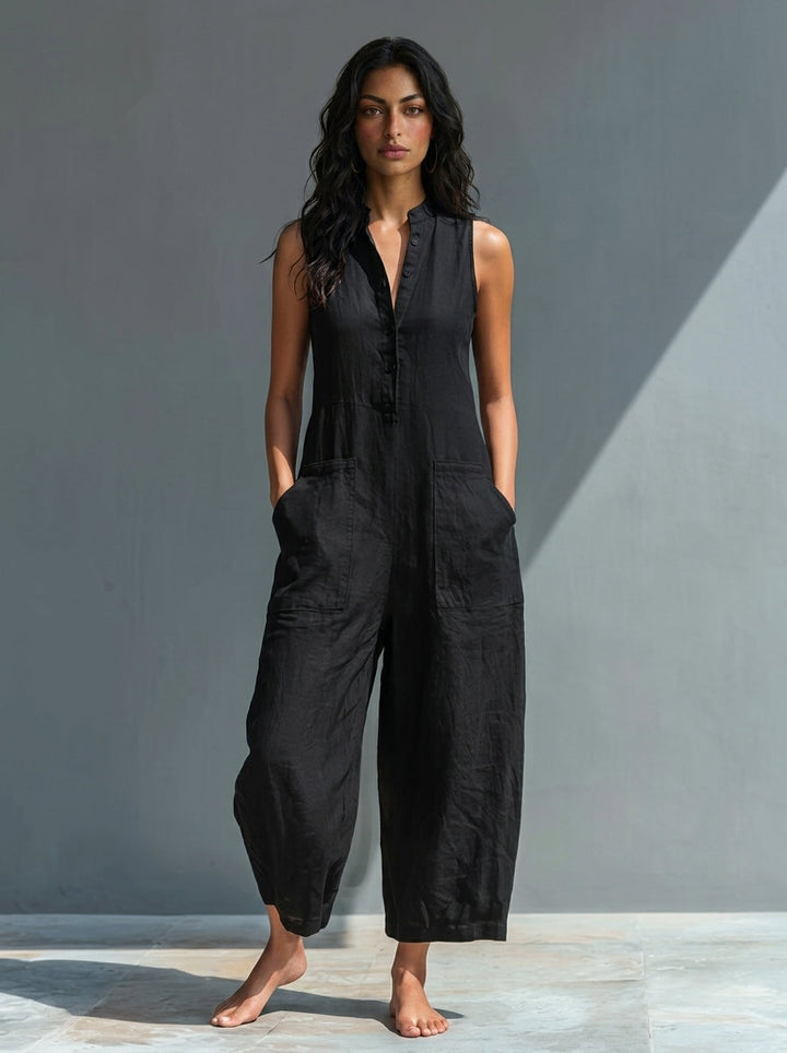 Mono sin mangas minimalista de mezcla de lino para mujer, con cuello alto y botones
