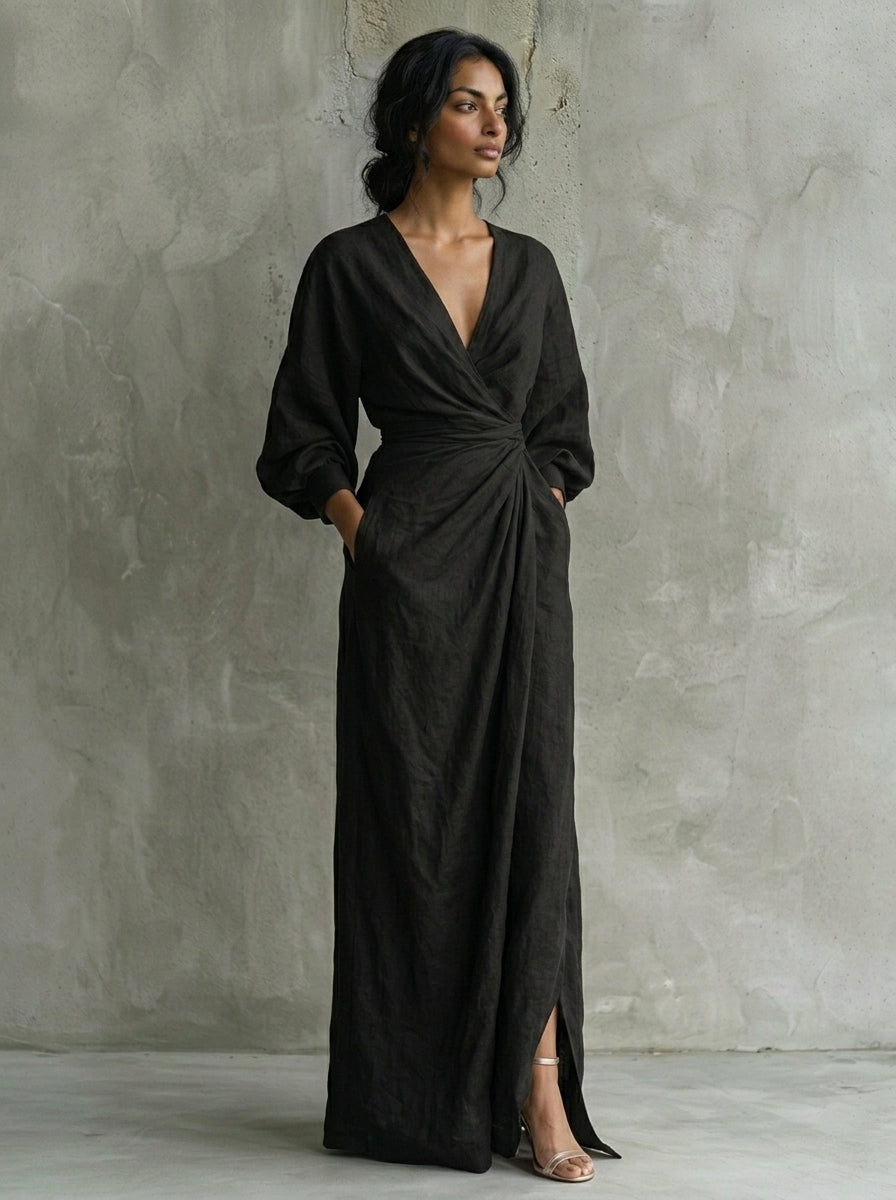Vestido largo minimalista rosa con cuello en V, de mezcla de lino, para mujer