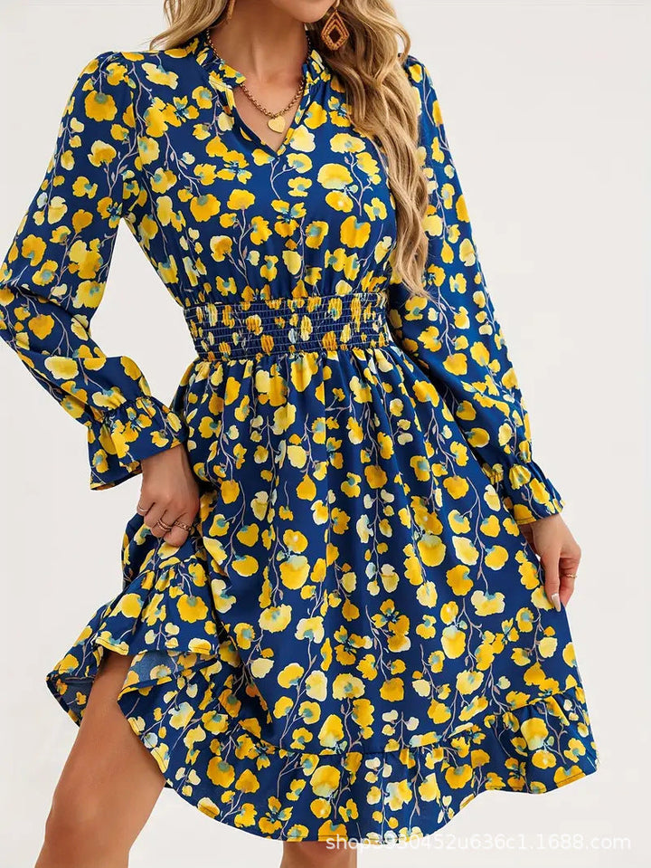 Floral V-Neck Mini Dress with Long Sleeves