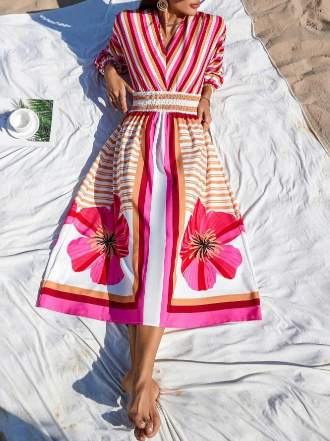 V-Neck Maxi Dress with Floral and Stripe Design