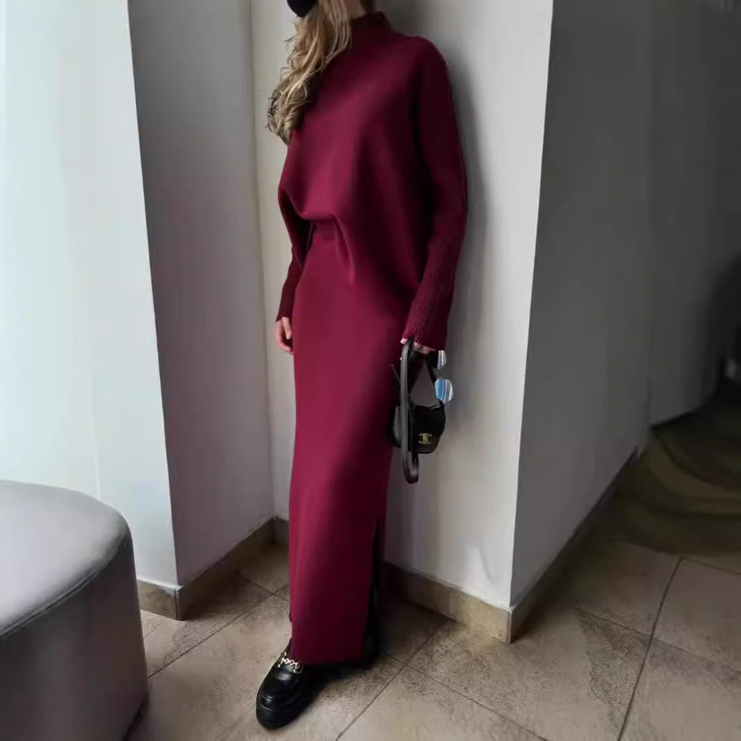 Knitted Maxi Dress with High Neck and Slit